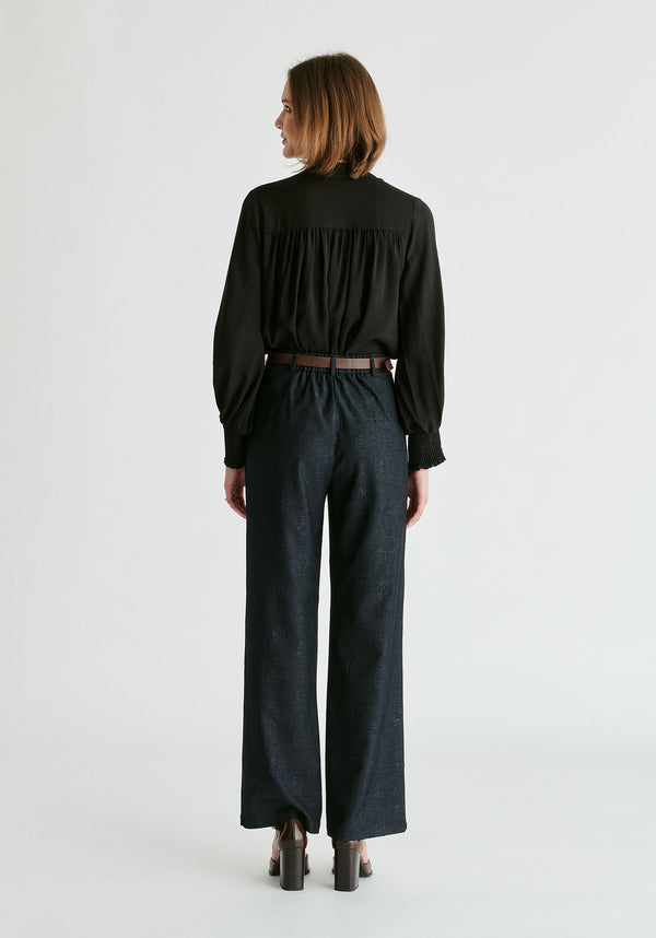 Denim Effect Trousers in Embossed Print In Dark Denim Back